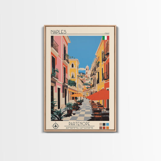 Naples Italy Travel Poster Framed Canvas Print, Midcentury Modern Art, Pop Art Wall Decor, Scenic Wall Art, Living Room Decoration, Office Art