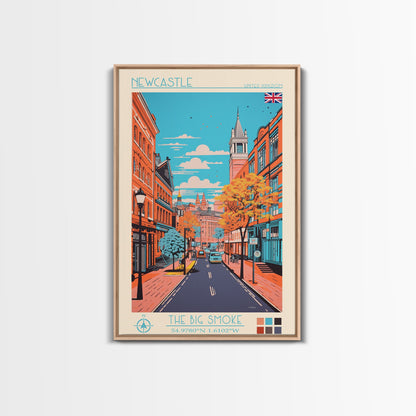 Newcastle United Kingdom Travel Poster Framed Canvas Print, Midcentury Modern Art, Pop Art Wall Decor, Scenic Living Room Art, Bedroom Decor