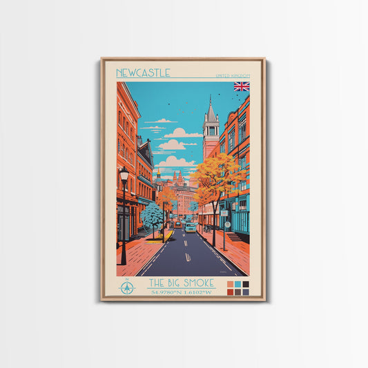 Newcastle United Kingdom Travel Poster Framed Canvas Print, Midcentury Modern Art, Pop Art Wall Decor, Scenic Living Room Art, Bedroom Decor