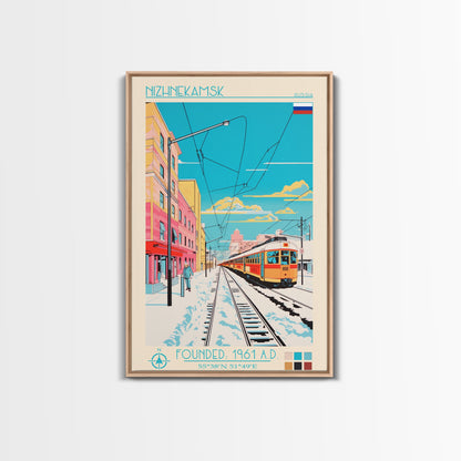 Nizhnekamsk Russia Travel Poster Framed Canvas Print, Midcentury Modern Art, Pop Art Wall Decor, Scenic Wall Art, Bedroom Decoration