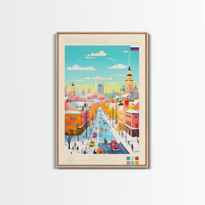 Nizhnevartovsk Russia Travel Poster Framed Canvas Print, Midcentury Modern Art, Pop Art Wall Decor, Scenic Wall Art, Living Room Decoration, Office Art