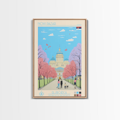 Novi Pazar Serbia Travel Poster Framed Canvas Print, Midcentury Modern Art, Pop Art Wall Decor, Scenic Wall Art, Living Room Decoration, Office Gift