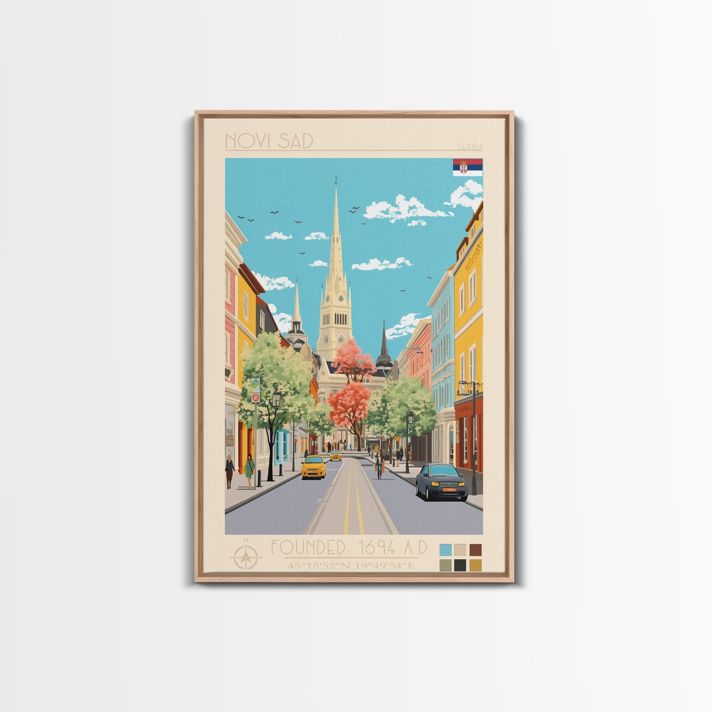 Novi Sad Serbia Travel Poster Framed Canvas Print, Midcentury Modern Art, Pop Art Wall Decor, Scenic Wall Art, Bedroom Decoration