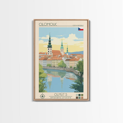 Olomouc Czech Republic Travel Poster Framed Canvas Print, Midcentury Modern Art, Pop Art Wall Decor, Scenic Wall Art, Living Room Decoration, Office Gift