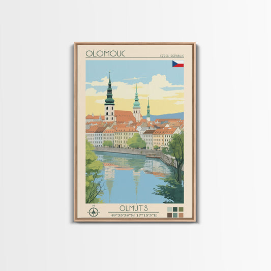 Olomouc Czech Republic Travel Poster Framed Canvas Print, Midcentury Modern Art, Pop Art Wall Decor, Scenic Wall Art, Living Room Decoration, Office Gift