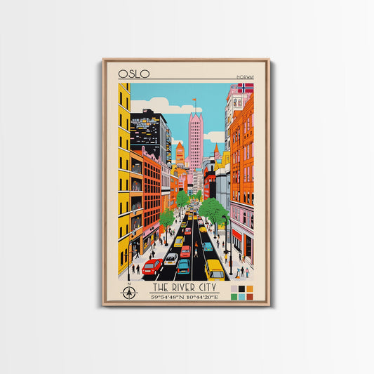 Oslo Norway Travel Poster Framed Canvas Print, Midcentury Modern Art, Pop Art Wall Decor, Scenic Living Room Art, Bedroom Gift