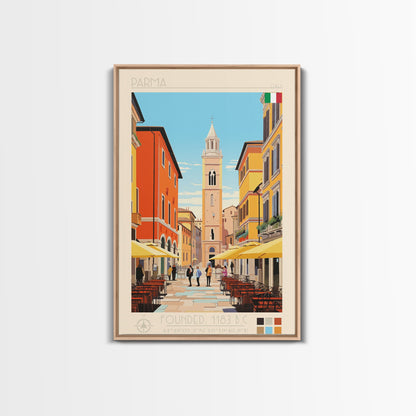 Parma Italy Travel Poster Framed Canvas Print, Midcentury Modern Art, Pop Art Wall Decor, Scenic Wall Art, Bedroom Decoration