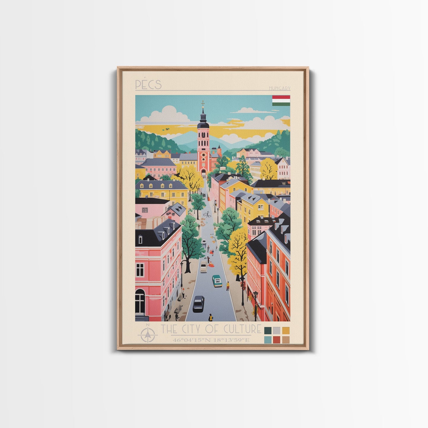 Pécs Hungary Travel Poster Framed Canvas Print, Midcentury Modern Art, Pop Art Wall Decor, Living Room Art, Home Decoration
