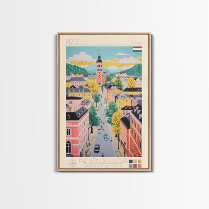 Pécs Hungary Travel Poster Framed Canvas Print, Midcentury Modern Art, Pop Art Wall Decor, Living Room Art, Home Decoration