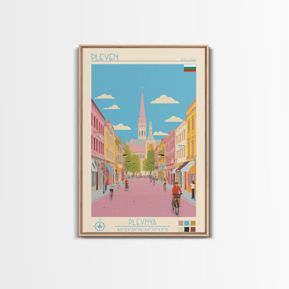 Pleven Bulgaria Travel Poster Framed Canvas Print, Midcentury Modern Art, Pop Art Wall Decor, Scenic Wall Art, Living Room Decoration, Office Gift