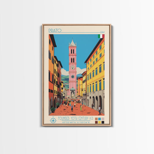 Prato Italy Travel Poster Framed Canvas Print, Midcentury Modern Art, Pop Art Wall Decor, Home Decor, Vacation Gift, Office Art