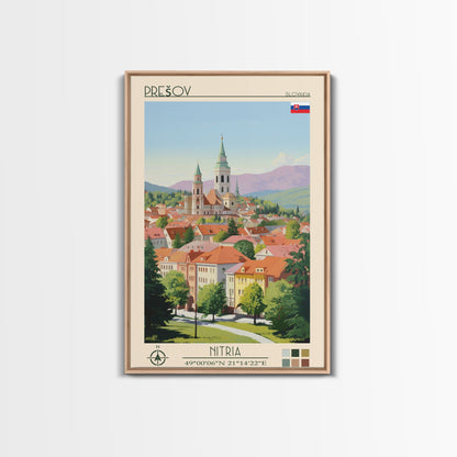 Prešov Slovakia Travel Poster Framed Canvas Print, Midcentury Modern Art, Pop Art Wall Decor, Scenic Living Room Art, Bedroom Gift
