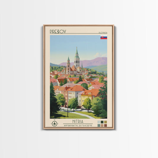 Prešov Slovakia Travel Poster Framed Canvas Print, Midcentury Modern Art, Pop Art Wall Decor, Scenic Living Room Art, Bedroom Gift
