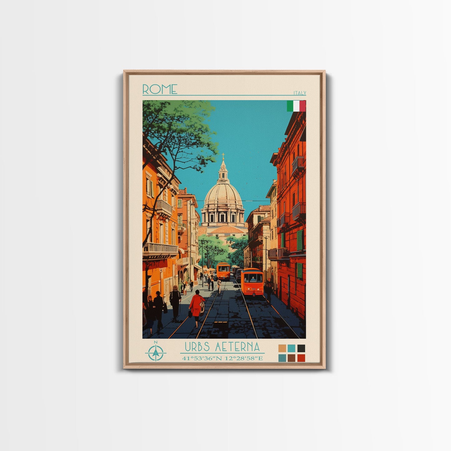 Rome Italy Travel Poster Framed Canvas Print, Midcentury Modern Art, Pop Art Wall Decor, Home Decor, Vacation Gift, Office Art