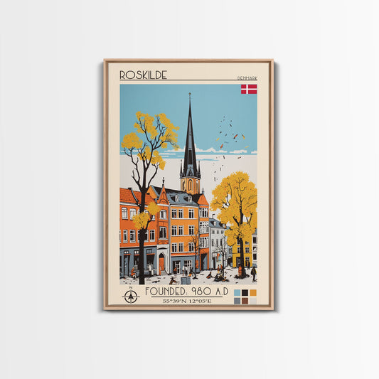 Roskilde Denmark Travel Poster Framed Canvas Print, Midcentury Modern Art, Pop Art Wall Decor, Scenic Living Room Art, Bedroom Gift