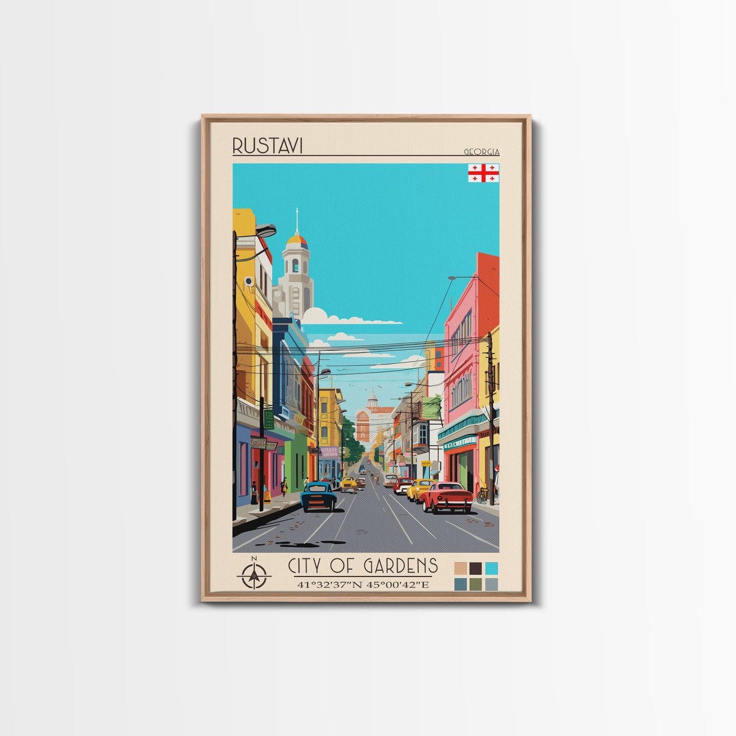 Rustavi Georgia Travel Poster Framed Canvas Print, Midcentury Modern Art, Pop Art Wall Decor, Scenic Wall Art, Bedroom Decoration