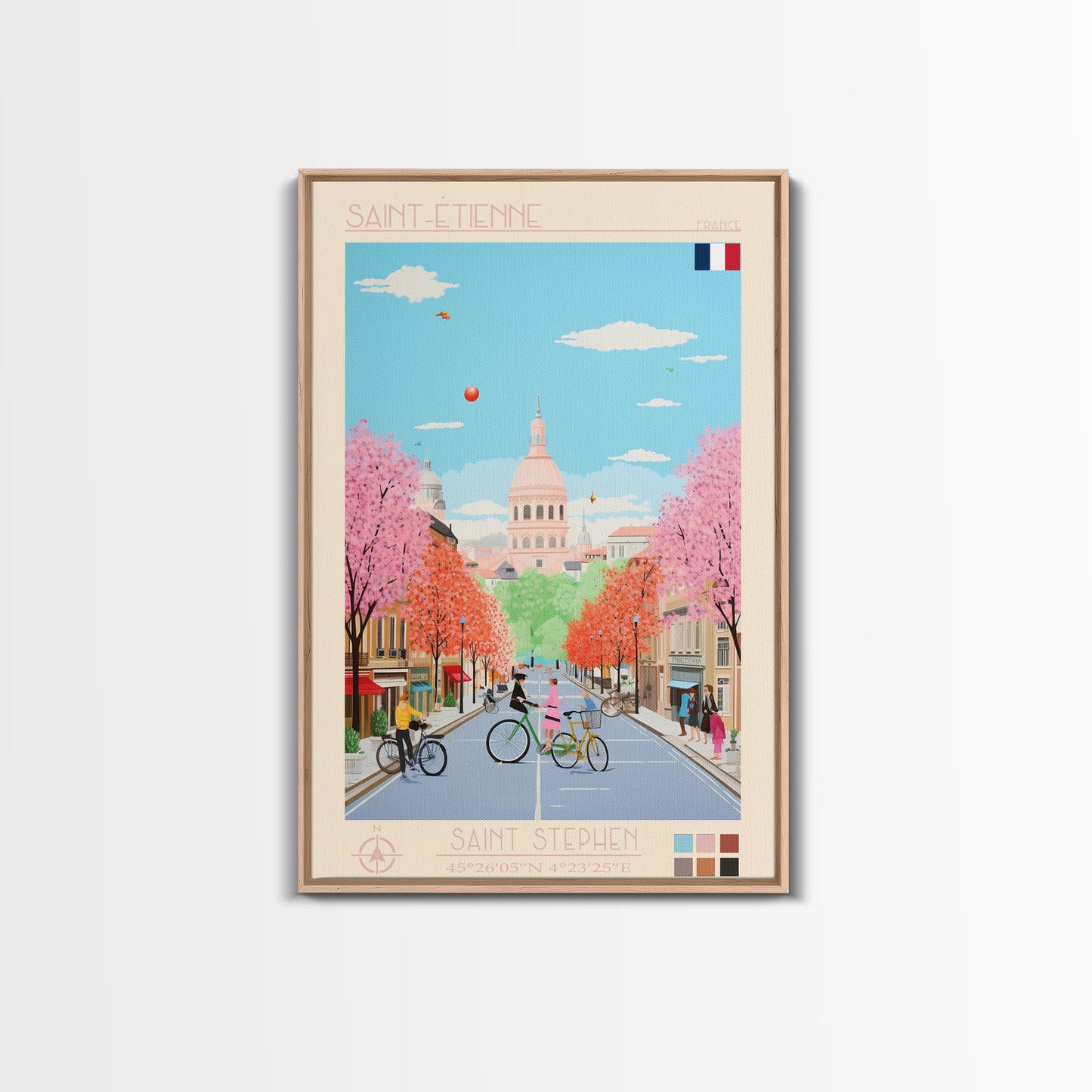 Saint-Étienne France Travel Poster Framed Canvas Print, Midcentury Modern Art, Pop Art Wall Decor, Living Room Art, Vacation Gift