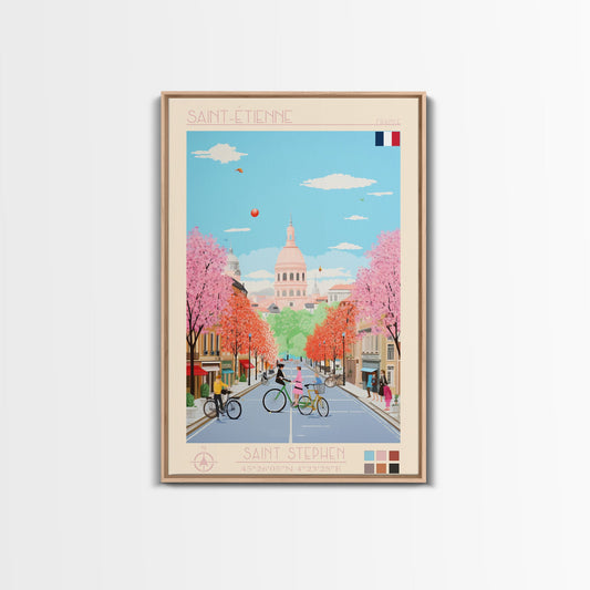 Saint-Étienne France Travel Poster Framed Canvas Print, Midcentury Modern Art, Pop Art Wall Decor, Living Room Art, Vacation Gift