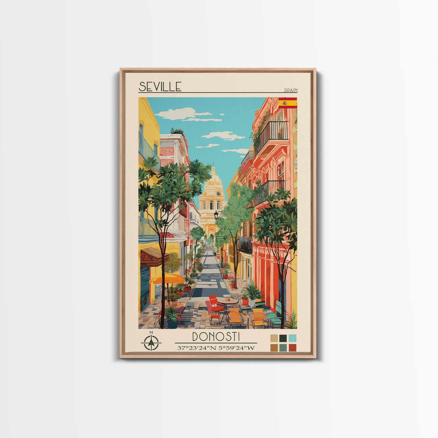 Seville Spain Travel Poster Framed Canvas Print, Midcentury Modern Art, Pop Art Wall Decor, Living Room Art, Home Decoration