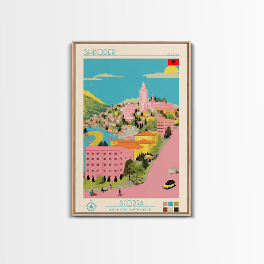 Shkodër Albania Travel Poster Framed Canvas Print, Midcentury Modern Art, Pop Art Wall Decor, Scenic Wall Art, Bedroom Decoration