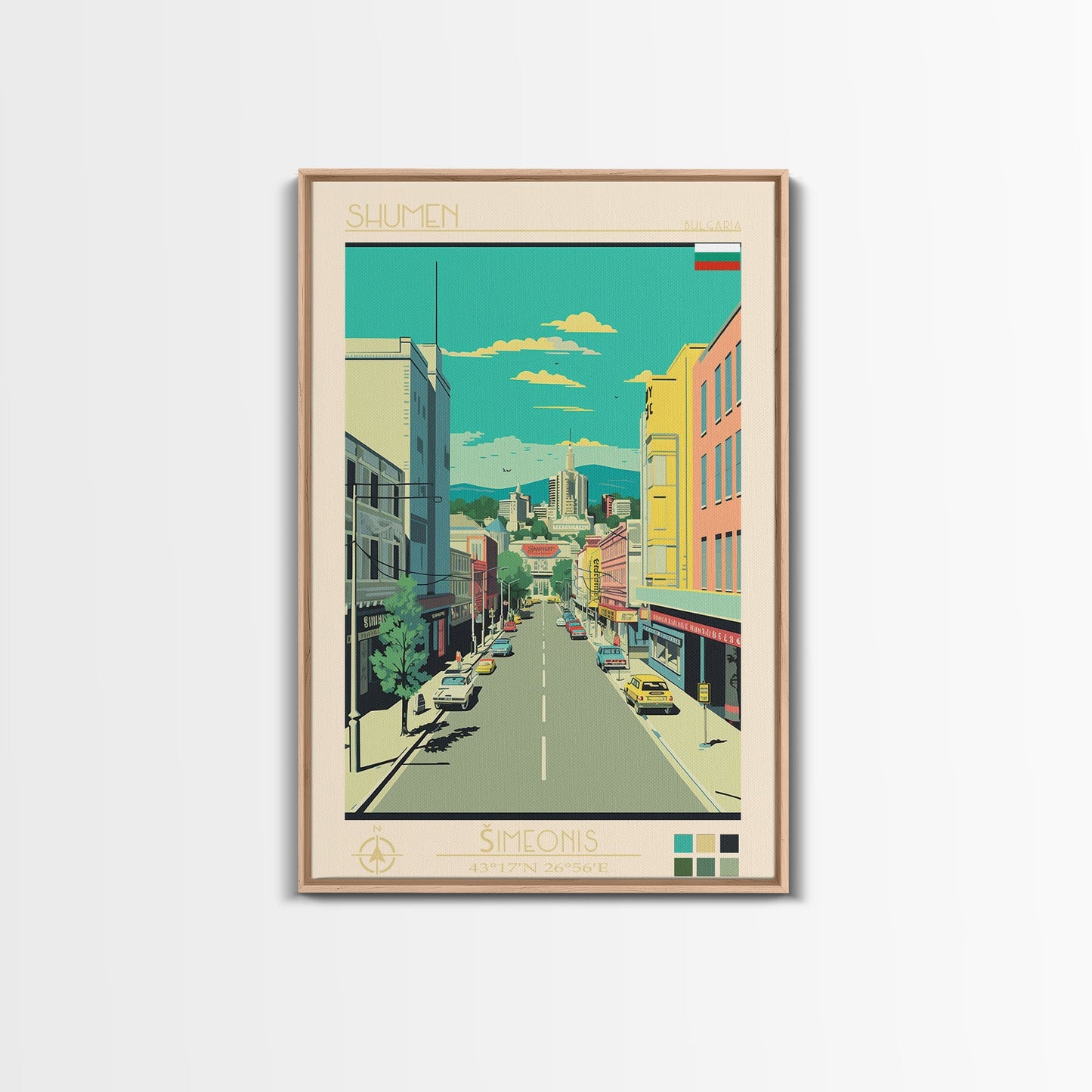 Shumen Bulgaria Travel Poster Framed Canvas Print, Midcentury Modern Art, Pop Art Wall Decor, Home Decor, Office Decoration, Scenic Art