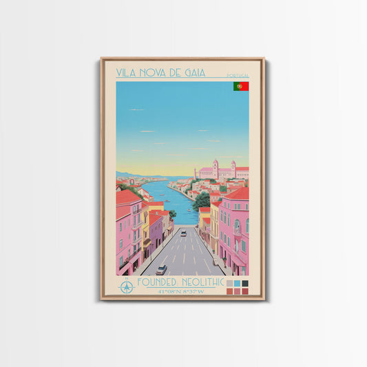 Vila Nova de Gaia Portugal Travel Poster Framed Canvas Print, Midcentury Modern Art, Pop Art Wall Decor, Living Room Art, Home Decoration