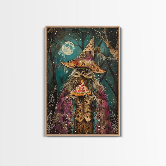 Ghostly Wizard Having A  Slice of Pizza, Funny Halloween Decor, Framed Canvas Print