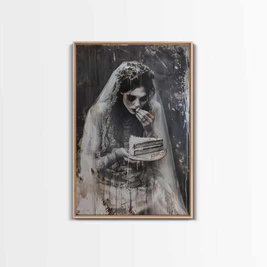 Melancholic Ghost Bride Having A Slice of Birthday Cake, Framed Canvas Print, Halloween Decor