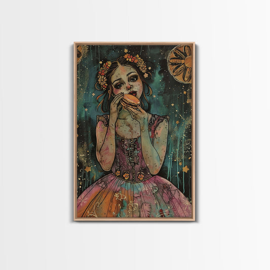 Halloween Girl Eating Macaron, Framed Canvas Print, Wall Art, Living Room Decor, Spooky, Girl Art, Original Painting, Home Decor