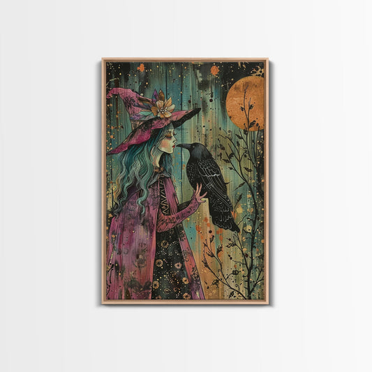 Cottage Core Witch With Raven Framed Canvas Print, Halloween Wall Decor / Wall Art, Spooky Witch, Home Decor For Witches, Scary Art