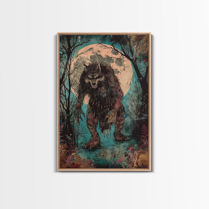 Halloween Horror Full Moon Werewolf Framed Canvas Print, Wall Art, Living Room Decor, Halloween Decor, Spooky Wall Hanging, Haunted House