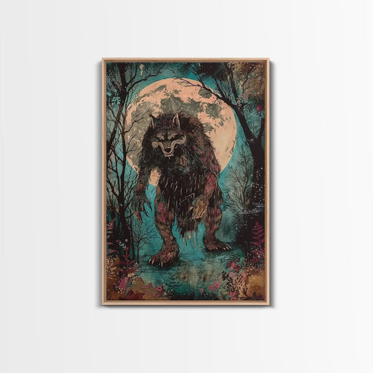 Halloween Horror Full Moon Werewolf Framed Canvas Print, Wall Art, Living Room Decor, Halloween Decor, Spooky Wall Hanging, Haunted House