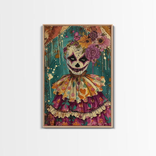 Day of the Dead Doll with Floral Crown Framed Canvas Print, Halloween Art, Creepy Wall Art, Spooky Home Decor, Scary Art, Unique Wall Decor