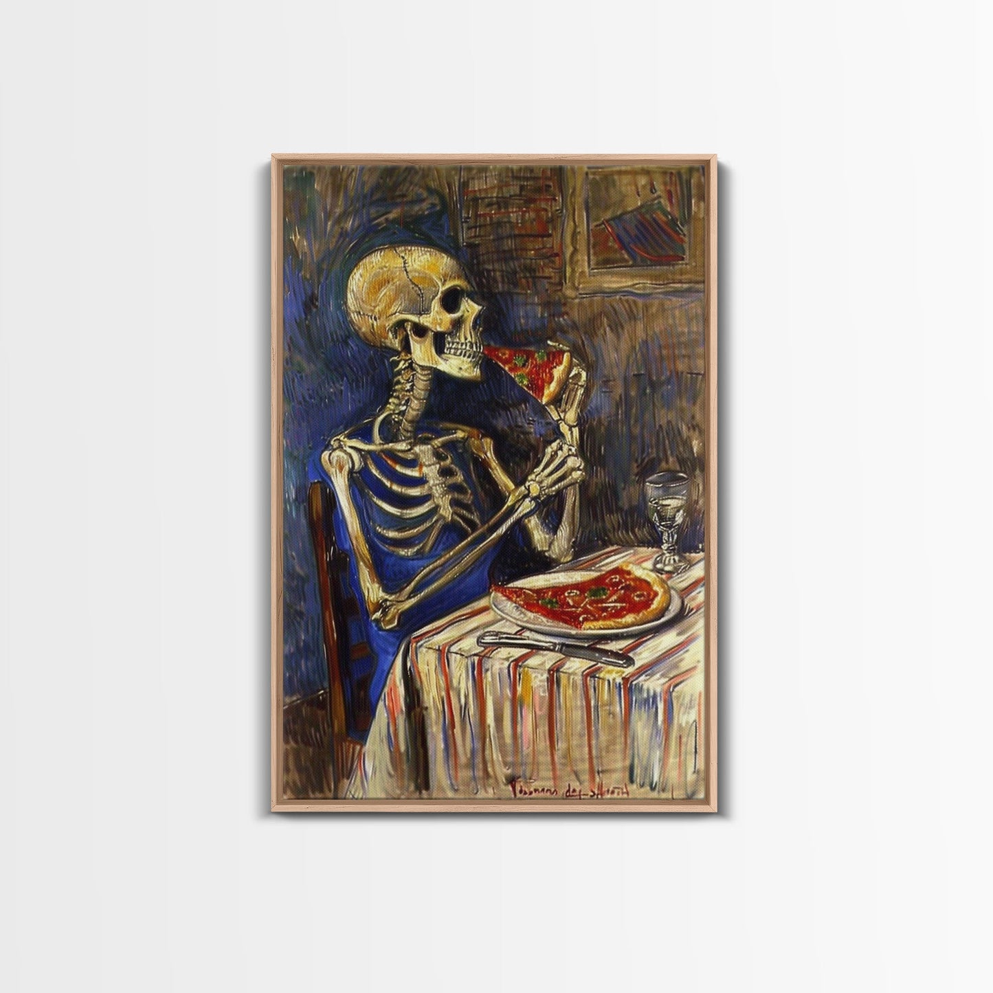 Funny Skeleton Eating A Pizza, Framed Canvas Print, Halloween Decor