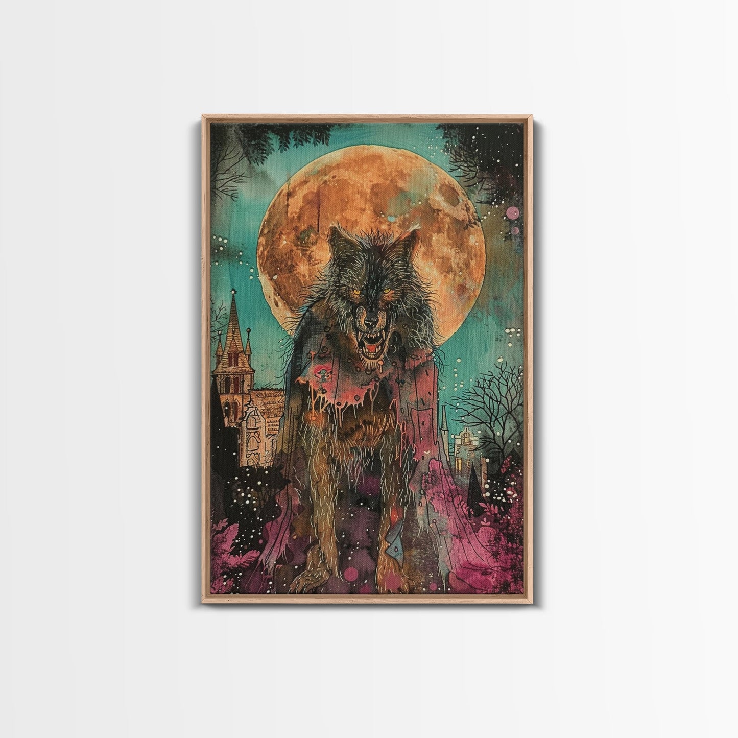 Fierce Werewolf with Blood Moon Framed Canvas Print | Halloween Monster Art | Spooky Werewolf Decor for Home | Intense Full Moon Artwork