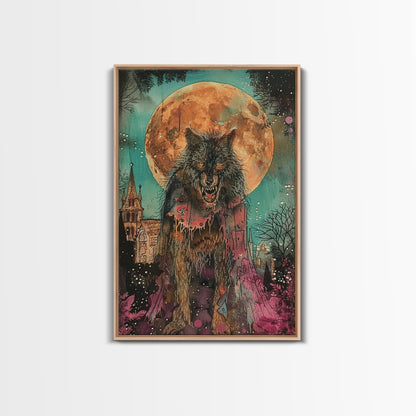 Fierce Werewolf with Blood Moon Framed Canvas Print | Halloween Monster Art | Spooky Werewolf Decor for Home | Intense Full Moon Artwork