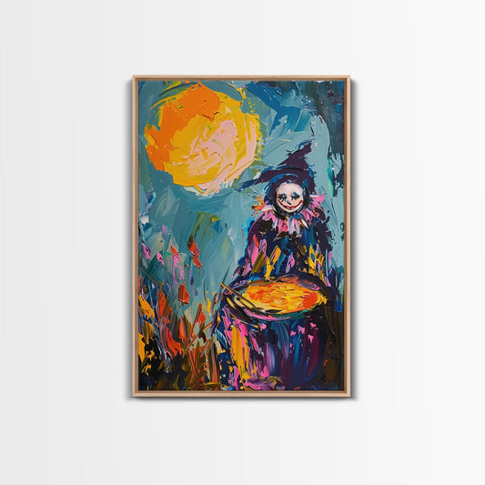 Colorful Witch Mixing Potions Framed Canvas Print | Halloween Witch Art | Vibrant Witch Decor for Home | Whimsical Halloween Artwork