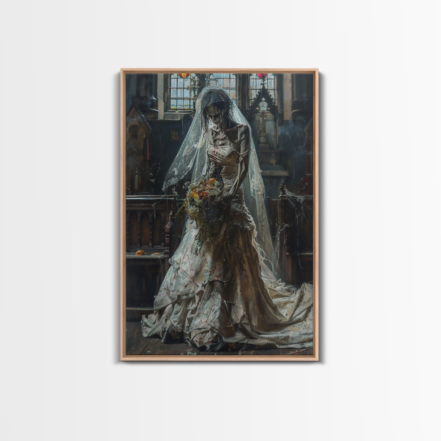 Ghostly Bride in Abandoned Church Framed Canvas Print | Halloween Bride Art | Eerie Bride Decor for Home | Haunted Wedding Artwork