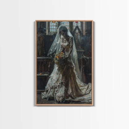 Ghostly Bride in Abandoned Church Framed Canvas Print | Halloween Bride Art | Eerie Bride Decor for Home | Haunted Wedding Artwork
