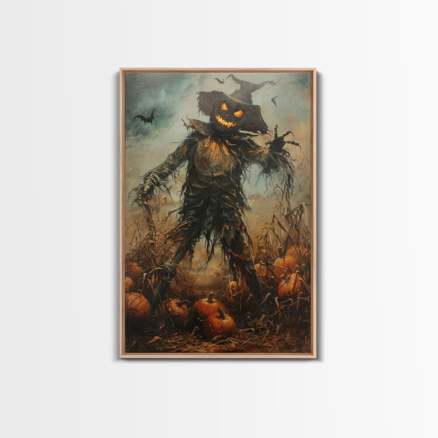 Sinister Scarecrow in Pumpkin Patch | Halloween Wall Art | Spooky Home Decor | Creepy Pumpkin Scarecrow Painting | Framed Canvas Print