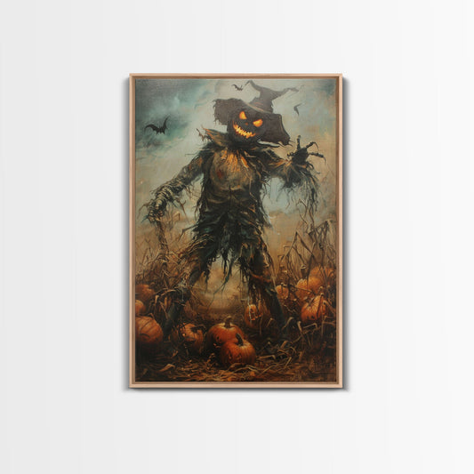 Sinister Scarecrow in Pumpkin Patch | Halloween Wall Art | Spooky Home Decor | Creepy Pumpkin Scarecrow Painting | Framed Canvas Print