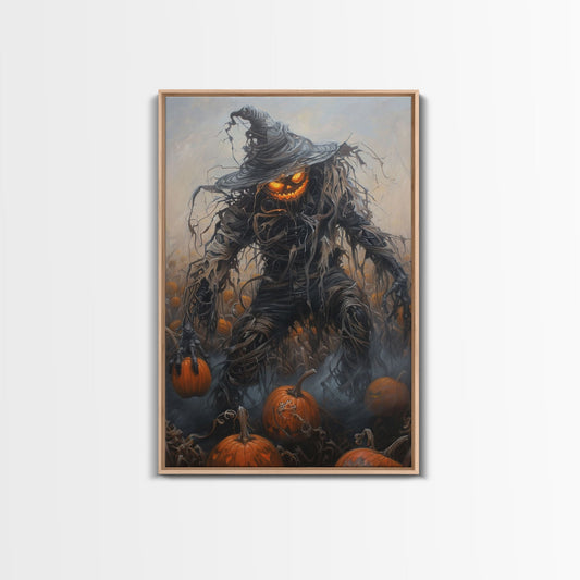 Haunting Scarecrow Holding Pumpkin in Misty Field | Halloween Wall Art | Spooky Home Decor | Creepy Scarecrow Painting | Framed Canvas Print
