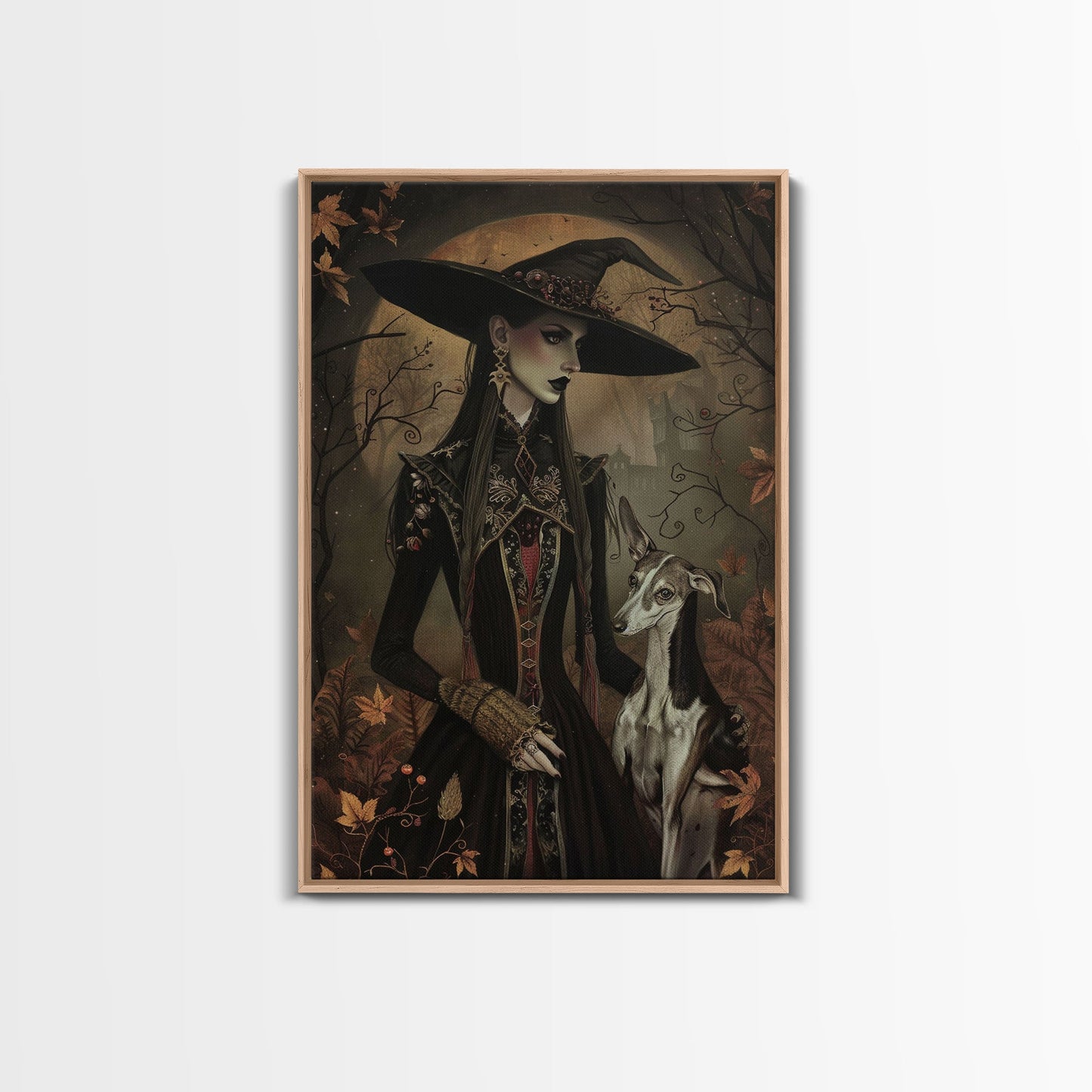 Gothic Witch with Elegant Dog, Framed Canvas Print, Dark Witch Art, Victorian Witch, Halloween Witch Decor, Gothic Home Decor