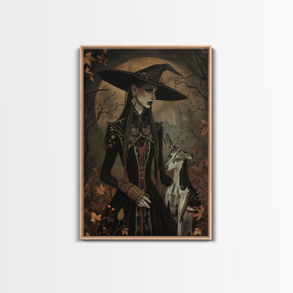 Gothic Witch with Elegant Dog, Framed Canvas Print, Dark Witch Art, Victorian Witch, Halloween Witch Decor, Gothic Home Decor