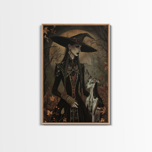 Gothic Witch with Elegant Dog, Framed Canvas Print, Dark Witch Art, Victorian Witch, Halloween Witch Decor, Gothic Home Decor