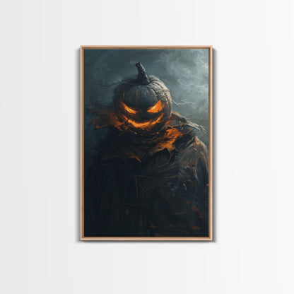 Menacing Pumpkin Head Monster Emerging from Fog - Creepy Halloween Horror Artwork Framed Canvas Print, Spooky Gothic Home Wall Decor