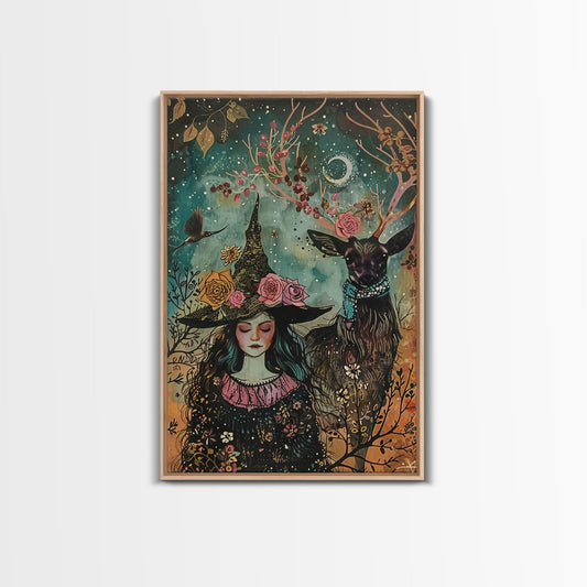 Elegant Witch with Tortoise - Halloween Art, Gothic Art, Spooky Decor, Dark Nature Art, Haunting Portrait, Framed Canvas Print