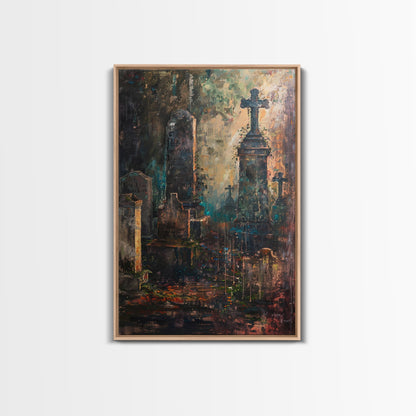 Düstere Friedhofskunst für Halloween, Gruselfriedhof, Spukfriedhof, unheimliche Grabsteine, dunkle Kunstwerke, gerahmter Leinwanddruck