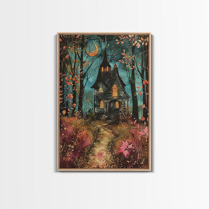 Enchanted Forest Pathway Framed Canvas Print, Haunted Woods Art, Halloween Night, Spooky Path Decor, Mysterious Artwork, Framed Canvas Print