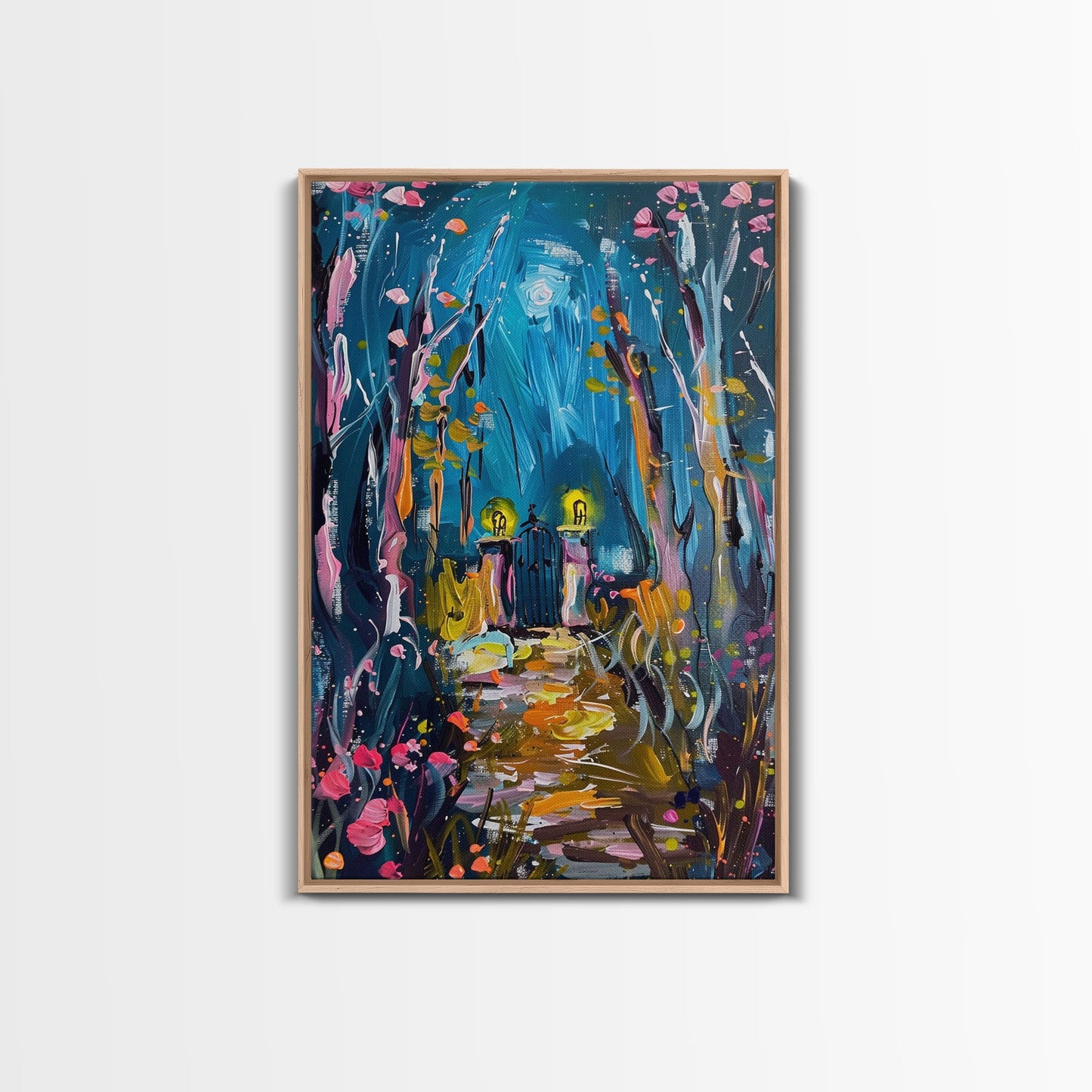 Mystical Cemetery with Glowing Flowers Framed Canvas Print, Wall Art, Halloween Graveyard Art, Enchanted Forest Decor, Spooky Artwork